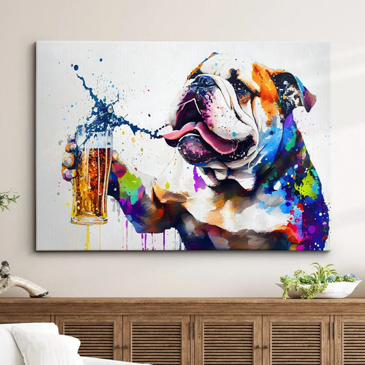 Bulldog Toasting Drink Dog Pet Abstract Modern Painting Wall Art, Framed Canvas Poster Print, Home Kitchen Office Room Decor, Gifts